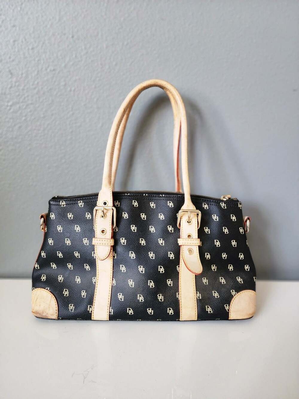 Vintage Dooney & Bourke Signature Monogram Satchel – Black & Tan